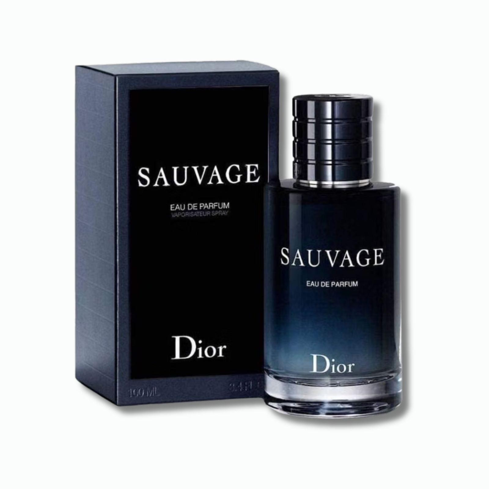 Frasco y caja de Dior Sauvage Eau de Toilette 100 ml en tonos azul oscuro sobre fondo blanco.