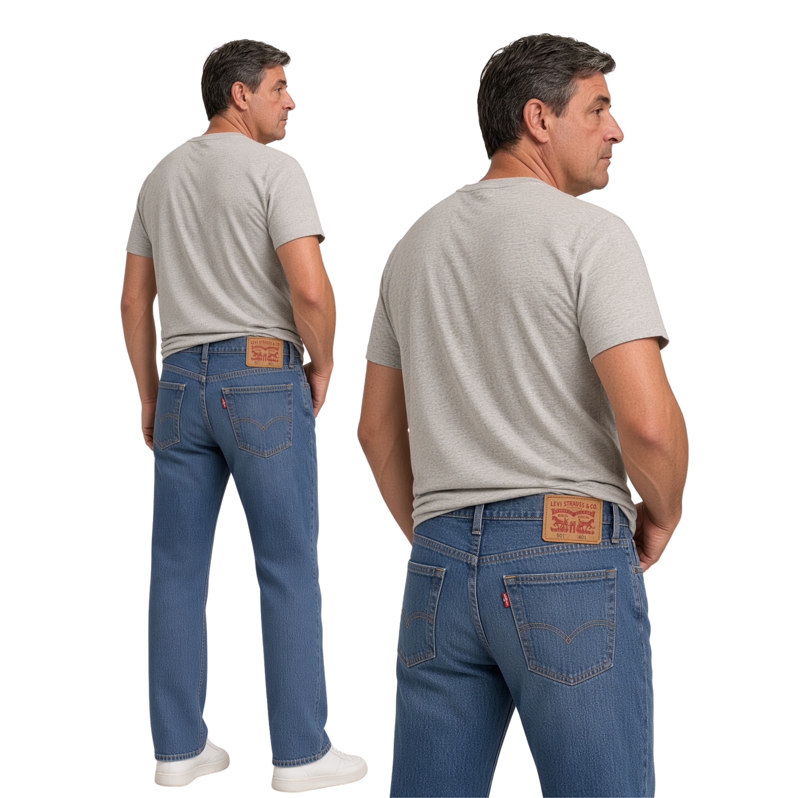 Hermano de Cristina con vaqueros Levi’s 501 azules, camiseta gris y vista trasera, mostrando de forma natural la etiqueta y los bolsillos del pantalón.