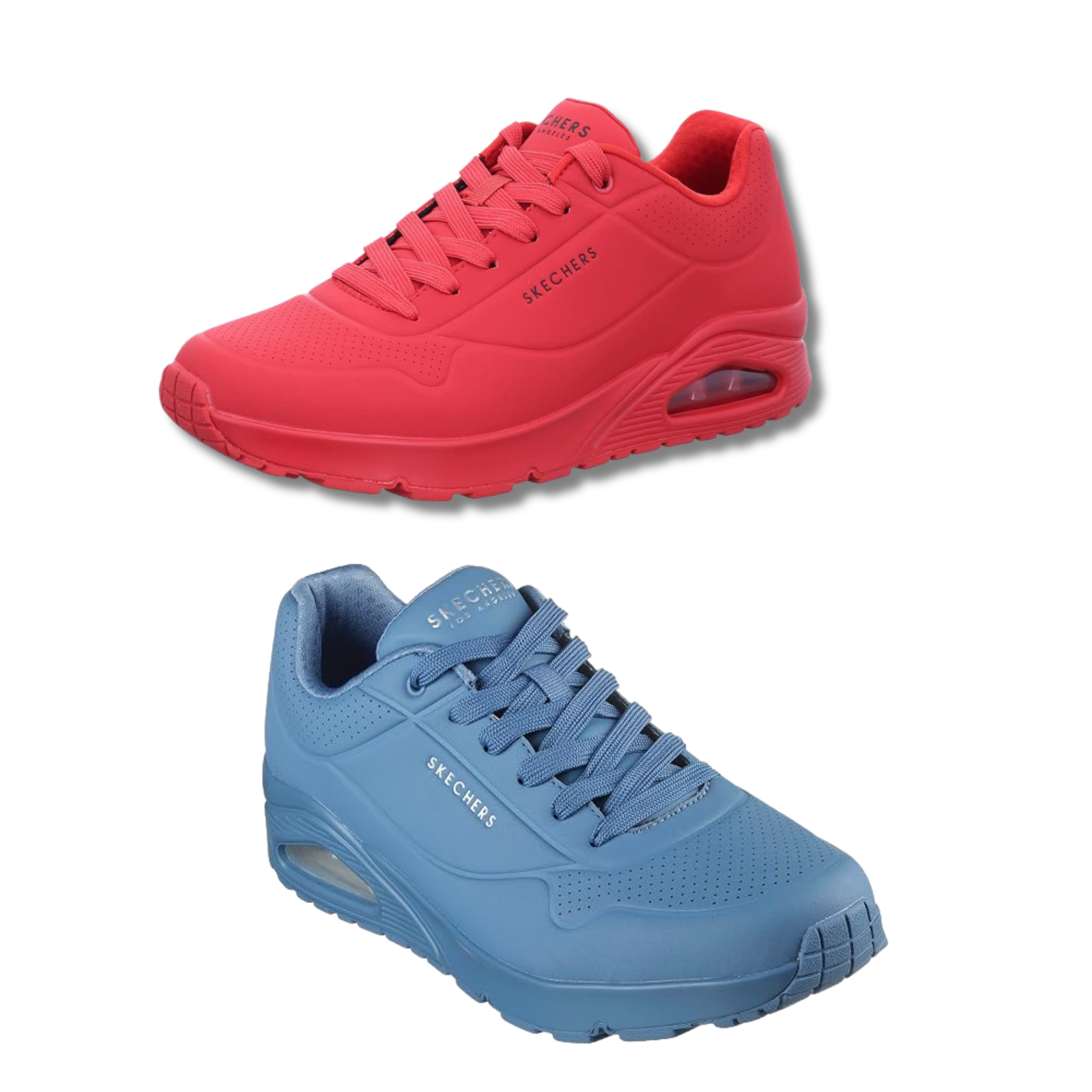 Zapatillas Skechers Uno Stand On Air en rojo y azul, mostrando dos variantes de color del modelo.