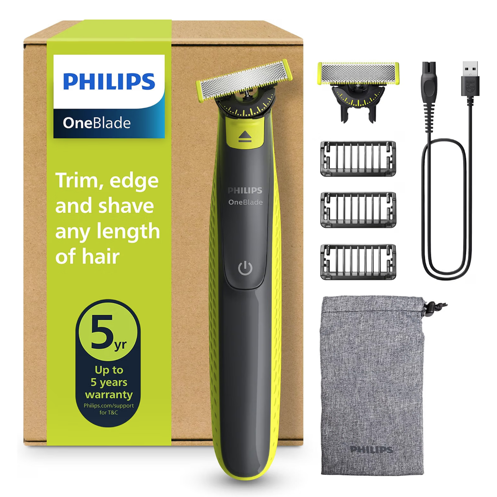 Philips OneBlade 360 con caja, dos cuchillas 360, tres peines para barba, cable USB y bolsa de transporte.