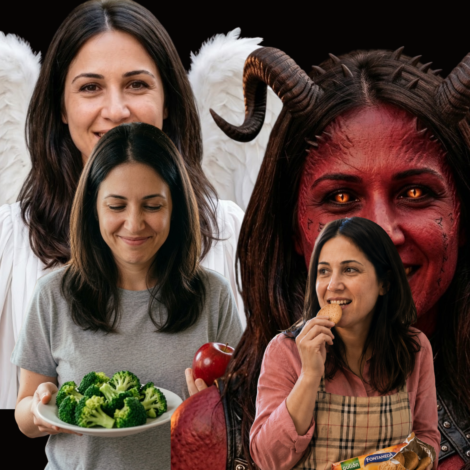 Montaje de Cristina representando el contraste entre hábitos saludables y tentaciones, con versiones de ángel y diablo, brócoli, manzana y galletas.